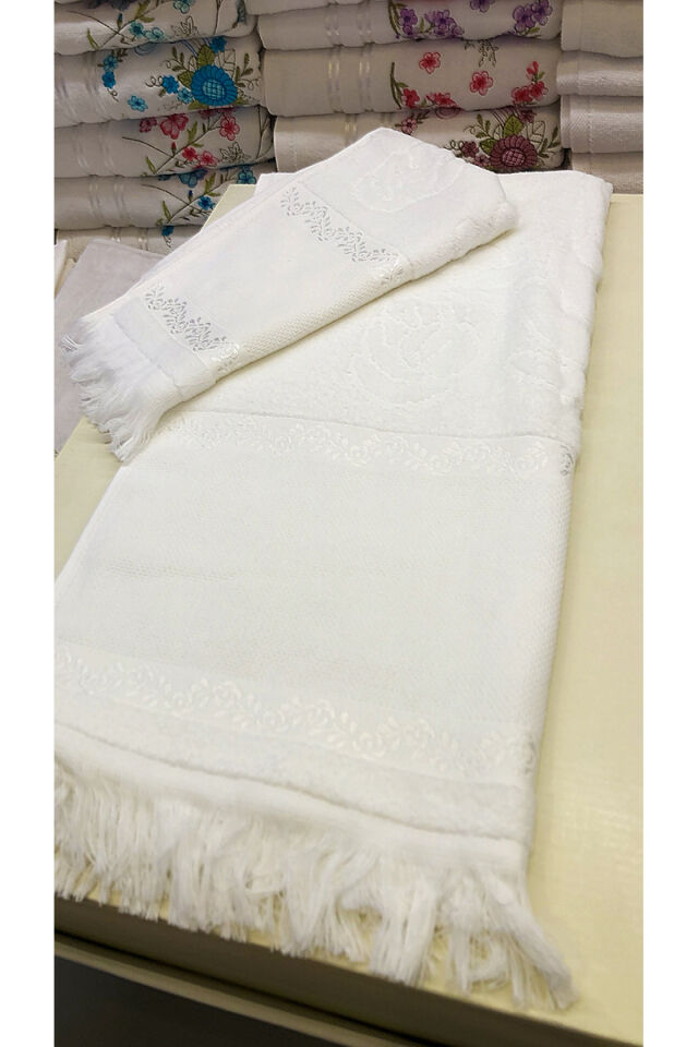 Soft Etamin İşleme Analı-Kızlı Havlu Takımı Beyaz Beyaz