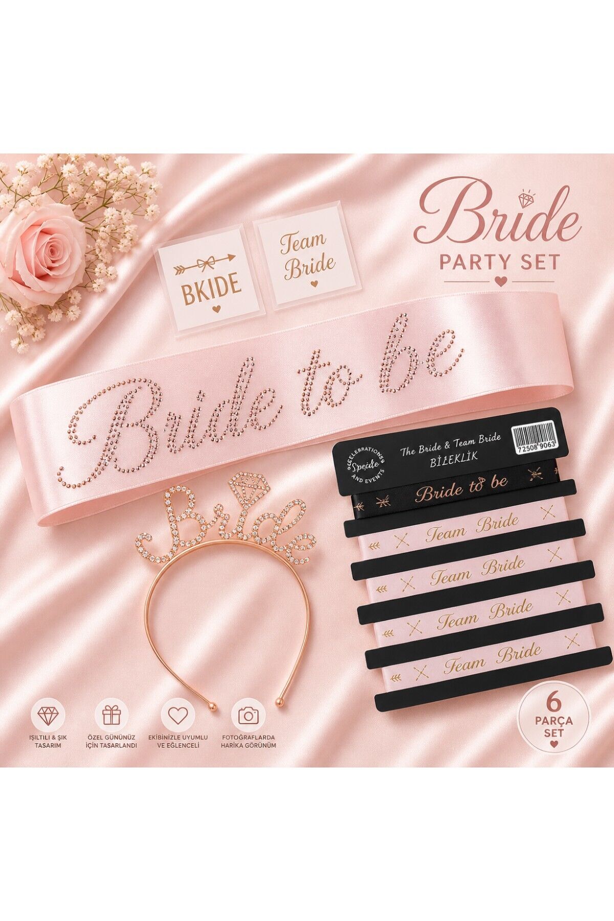 Bride To Be Bekarlığa Veda Seti 5 Parça – Taşlı Kuşak, Taşlı Metal Taç, Bileklik ve Dövme Seti Pembe Gümüş