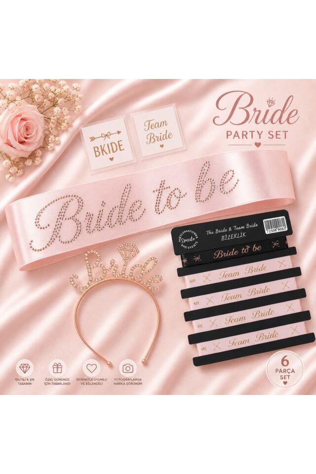 Bride To Be Bekarlığa Veda Seti 5 Parça – Taşlı Kuşak, Taşlı Metal Taç, Bileklik ve Dövme Seti Pembe Gümüş
