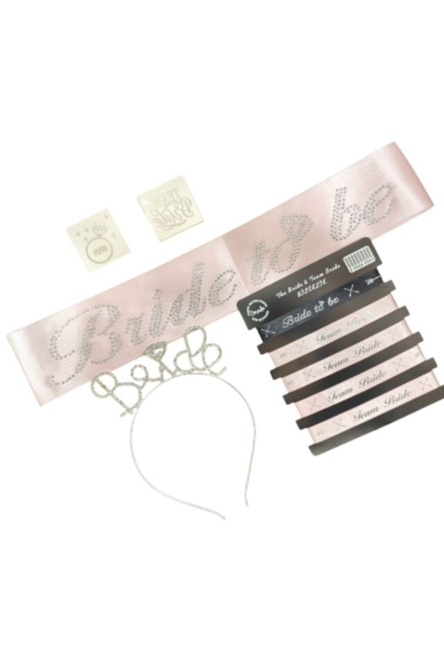Bride To Be Bekarlığa Veda Seti 5 Parça – Taşlı Kuşak, Taşlı Metal Taç, Bileklik ve Dövme Seti Pembe Gümüş