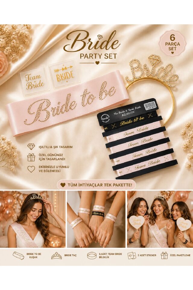 Bride To Be Bekarlığa Veda Seti 5 Parça – Taşlı Kuşak, Taşlı Metal Taç, Bileklik ve Dövme Seti Pembe Gümüş