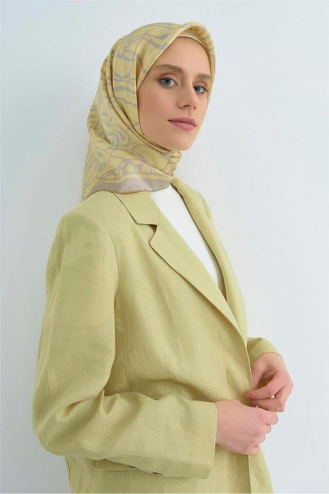 Tivil Saf İpek Eşarp 9511 - 34 Gri Sarı Soyut Desen