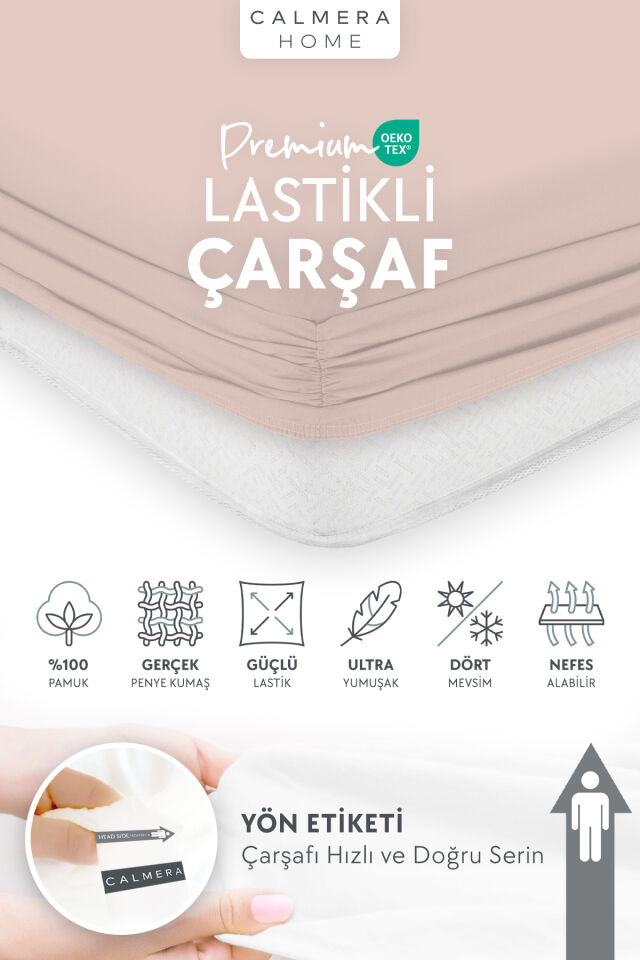 %100 Pamuk Penye Lastikli Çarşaf - Tek | Çift Kişilik | Battal King Size - Pudra