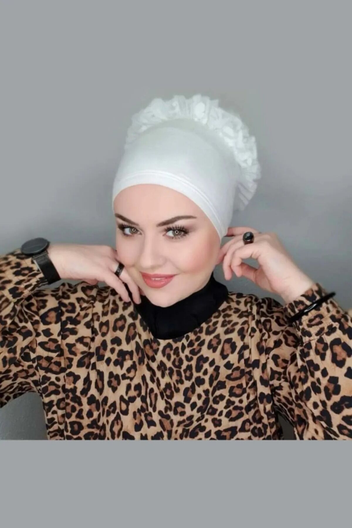 Tesettür Fırfırlı Bone Topuz Beyaz Şalfır241410