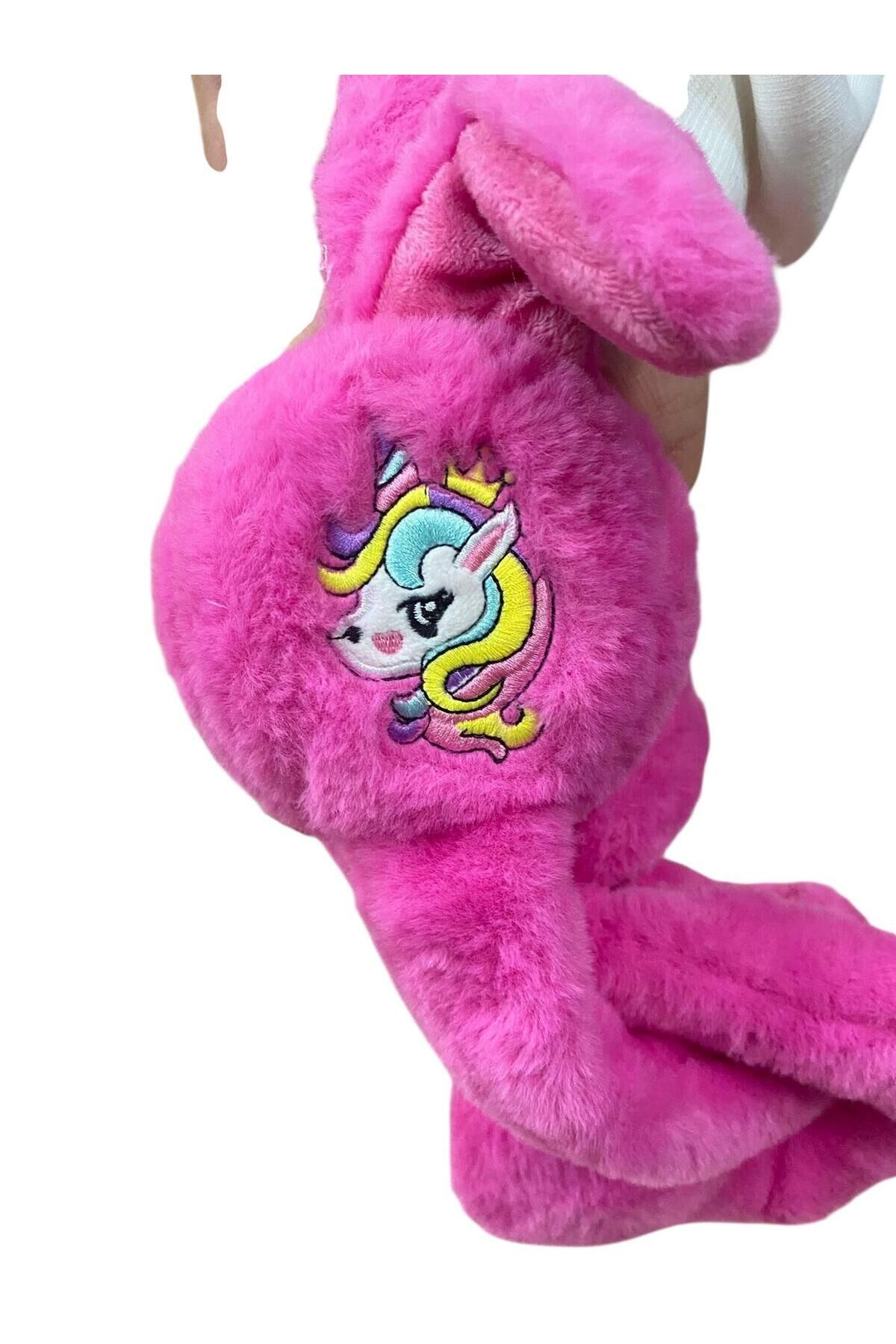 Peluş Kız Çocuk Peluş Figürlü Oynar Kulaklı Sesli Kışlık fuşya Çoçuk kulaklık
