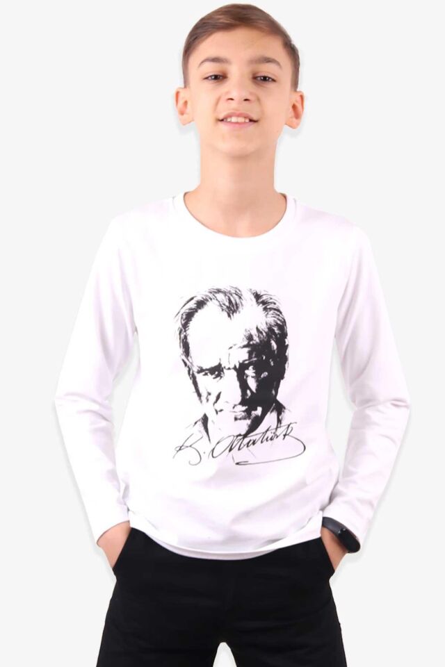 Uzun Kollu Atatürk Baskılı Çocuk Tişort Unısex Siyah - 7 Yaş