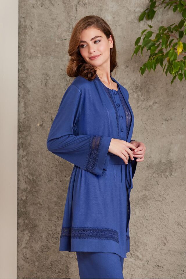 Dantelli Penye 3'lü Lohusa Pijama Takımı - 2800 Lacivert Lacivert - L