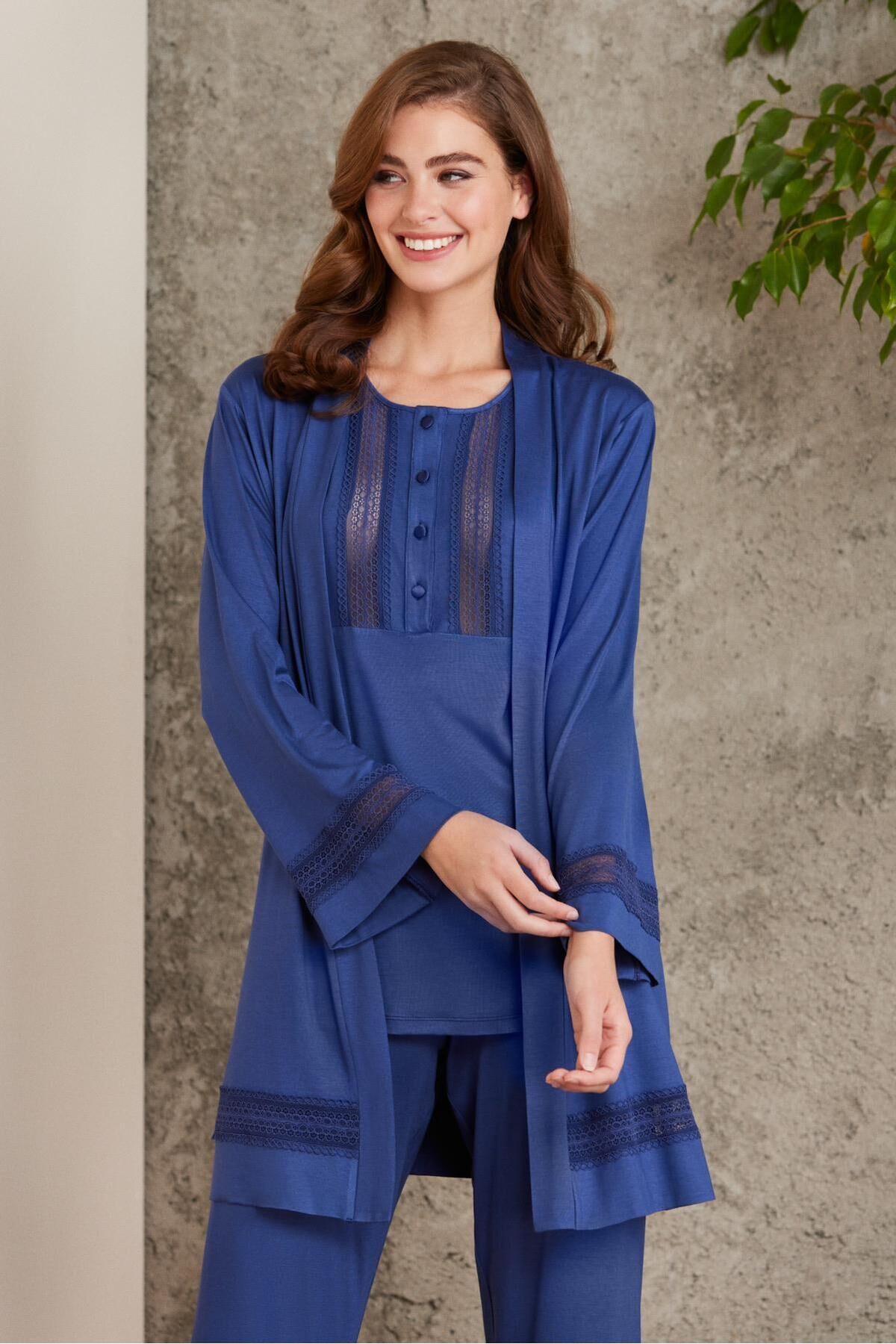 Dantelli Penye 3'lü Lohusa Pijama Takımı - 2800 Lacivert Lacivert - L