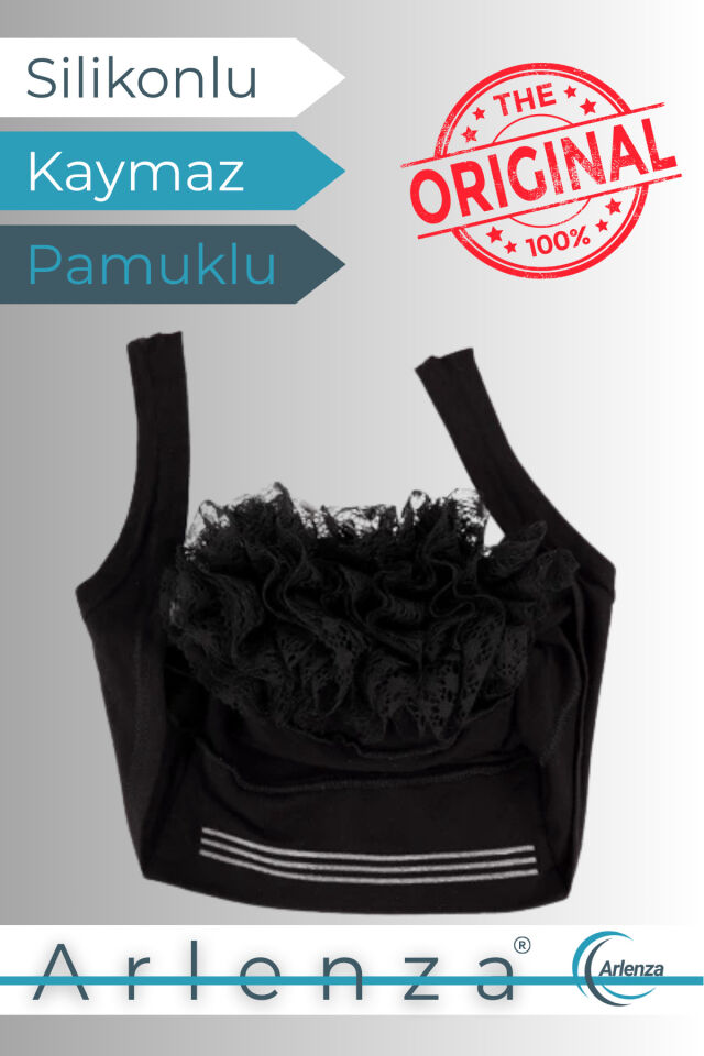 Siyah ◇ Pamuklu Silikonlu Fırfırlı Bone ◇ Kaymaz Dikişsiz Topuz Bonesi ◇ Günlük Pratik Şık Tesettür