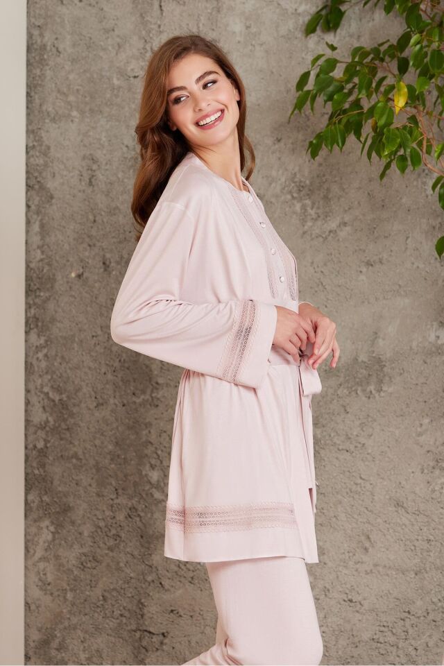 Dantelli Penye 3'lü Lohusa Pijama Takımı - 2800 Lacivert Pudra - 3XL