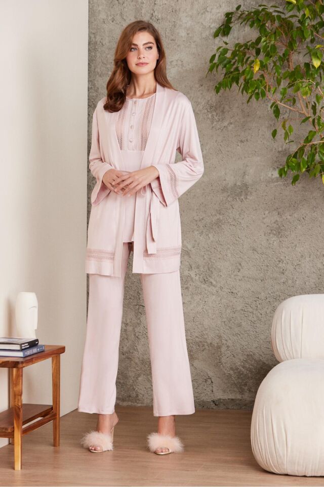 Dantelli Penye 3'lü Lohusa Pijama Takımı - 2800 Lacivert Pudra - 3XL