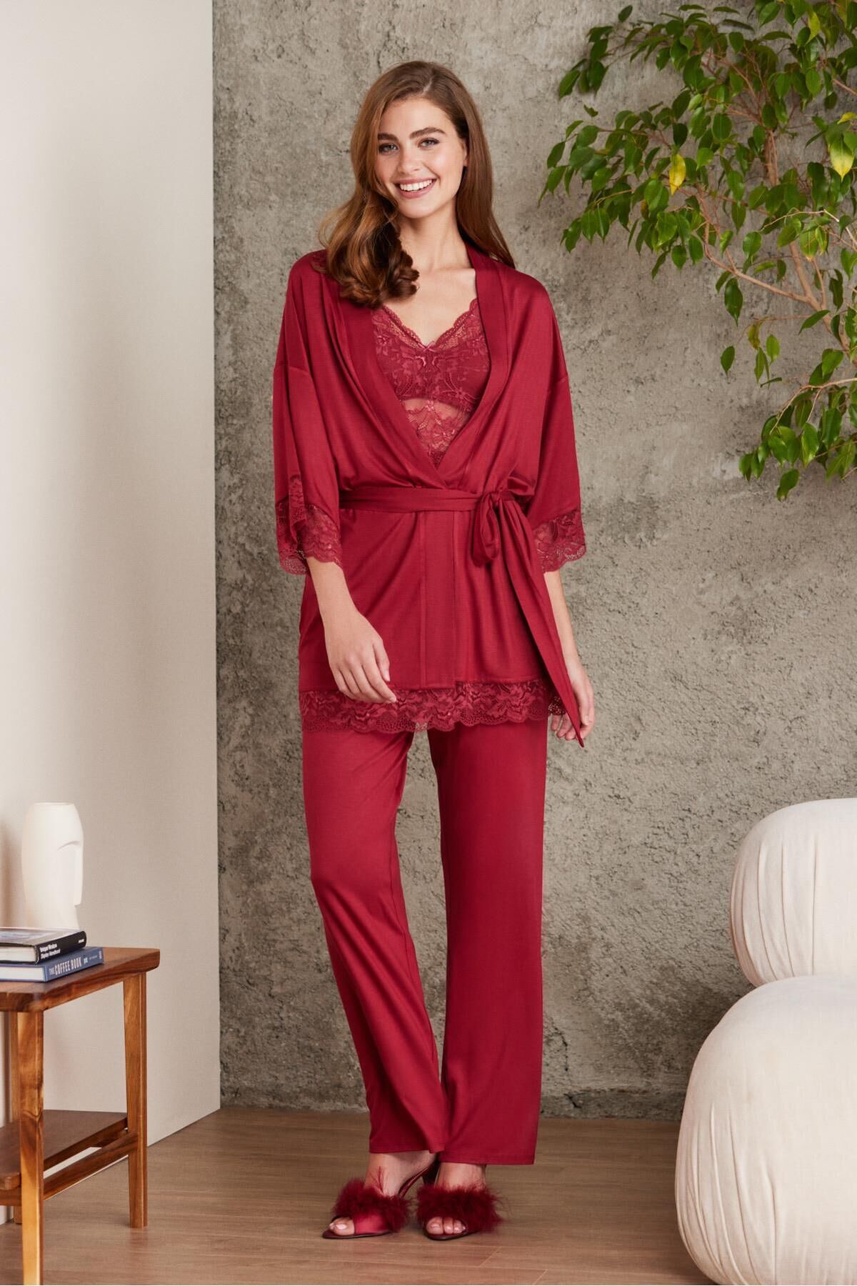 Dantelli Penye 3'lü Lohusa Pijama Takımı - 2810 Bordo