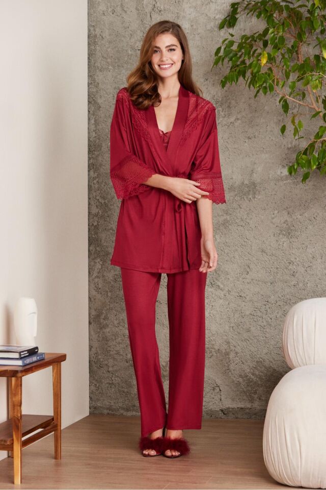 Dantelli Penye 3'lü Lohusa Pijama Takımı - 2820 Lacivert Bordo - XL