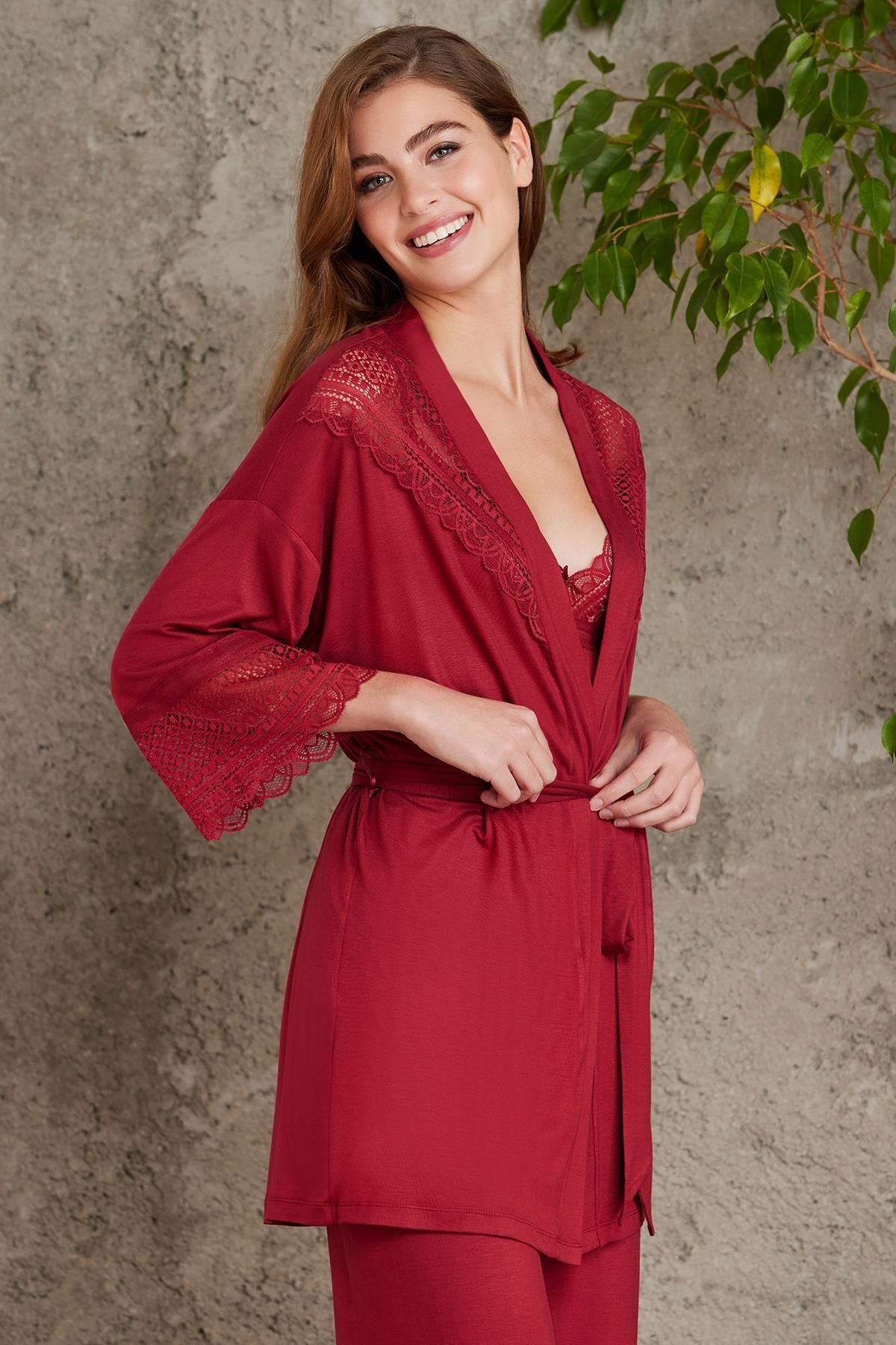 Dantelli Penye 3'lü Lohusa Pijama Takımı - 2820 Lacivert Bordo - S