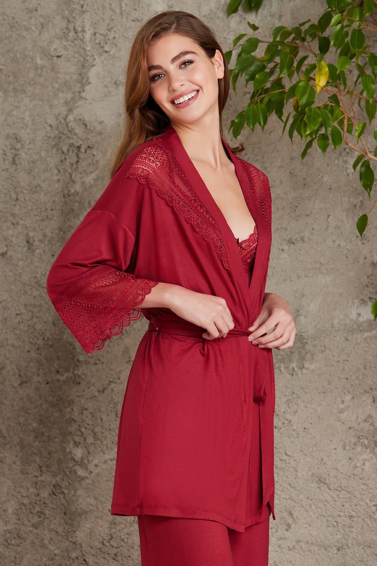 Dantelli Penye 3'lü Lohusa Pijama Takımı - 2820 Lacivert Bordo - 2XL