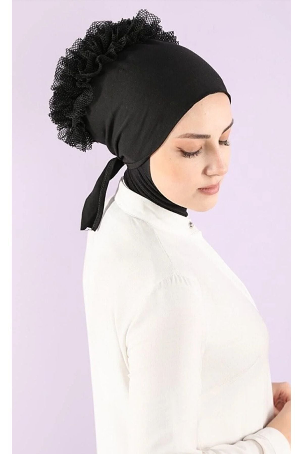 Tesettür Kadın Siyah Fırfırlı Topuz Bone Siyah - Standart