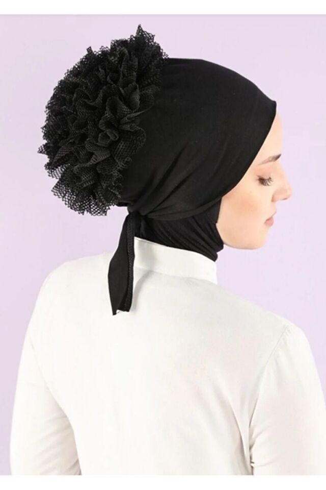 Tesettür Kadın Siyah Fırfırlı Topuz Bone Siyah - Standart