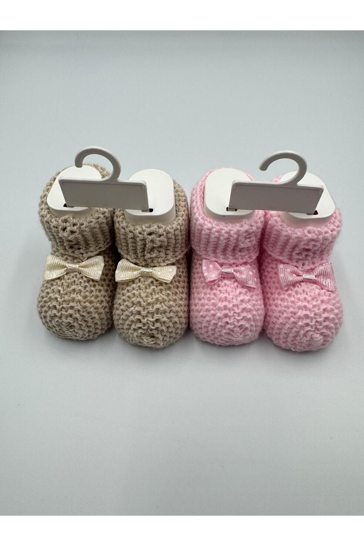 Örgü Bebek patik yenidoğan patik 0-6 ay bebek patik pembe-bej 2'li paket