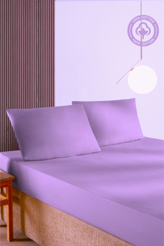 %100 Pamuk Mavi Doğal Çift Kişilik Ranforce Kumaş Lastikli Çarşaf Yastık Kılıfı Seti /160x200/ Lila - 180 X 200