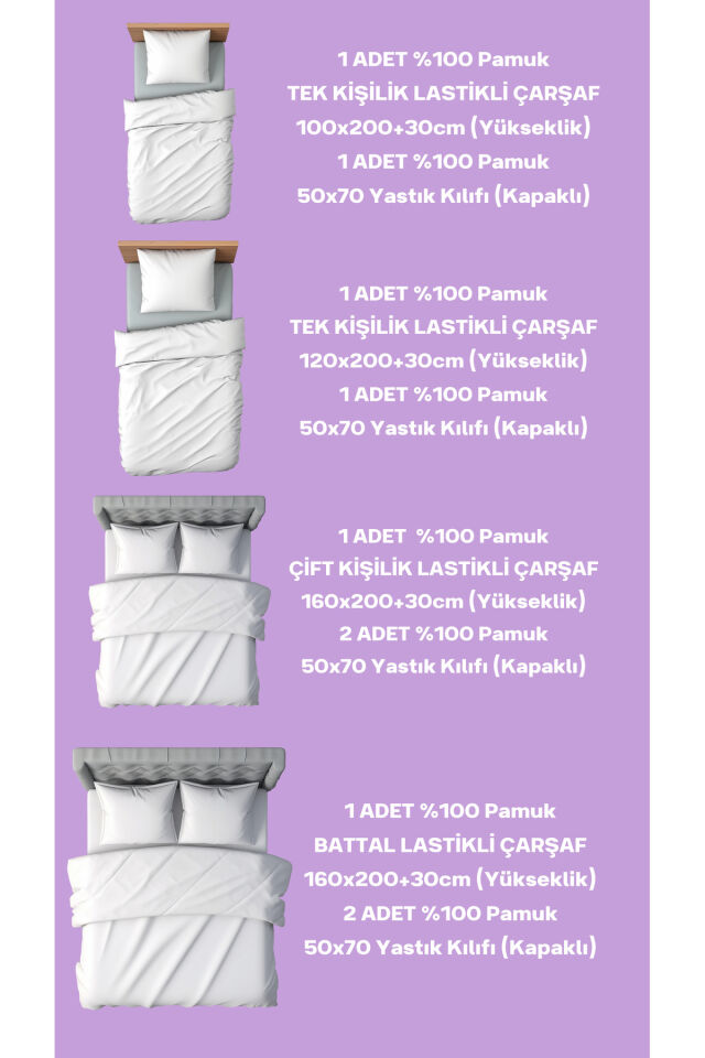 %100 Pamuk Mavi Doğal Çift Kişilik Ranforce Kumaş Lastikli Çarşaf Yastık Kılıfı Seti /160x200/ Lila - 180 X 200