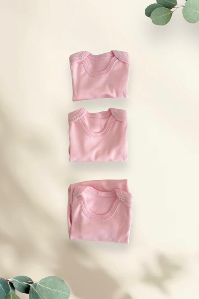 Kız Bebek 3'lü Set Pamuk Mevsimlik Uzun Kollu Zıbın Body Pembe - 0-6 Ay