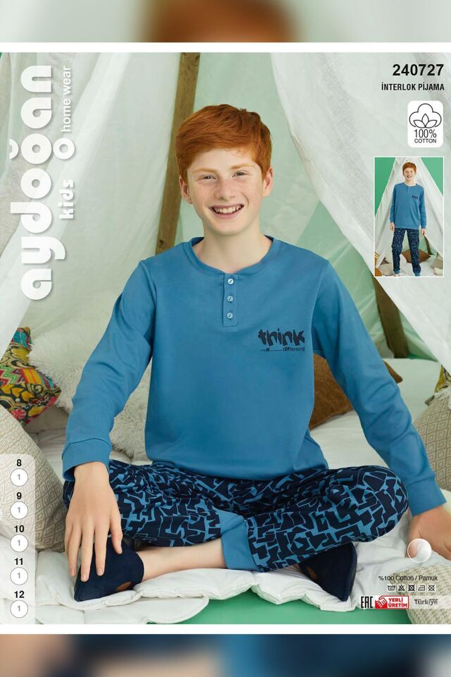 Erkek Garson Bora interlok Elektrik Mavi Pijama Takım 0727 Mavi - 10 Yaş
