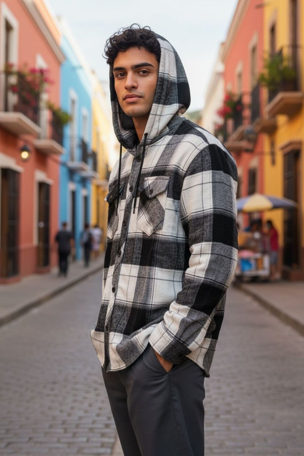 Erkek Slimfit İki Cepli Kapişonlu Siyah-Beyaz Kareli Oduncu Gömleği (M-XL-XXL)