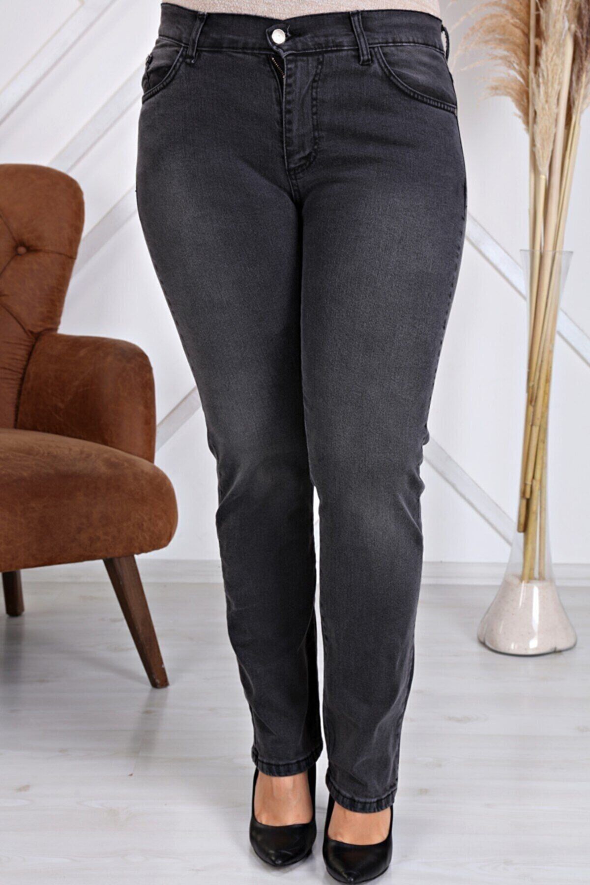 Kadın Füme Hafif Taşlamalı Yüksek Bel Büyük Beden Dar Paça Jean Pantolon Füme - 56