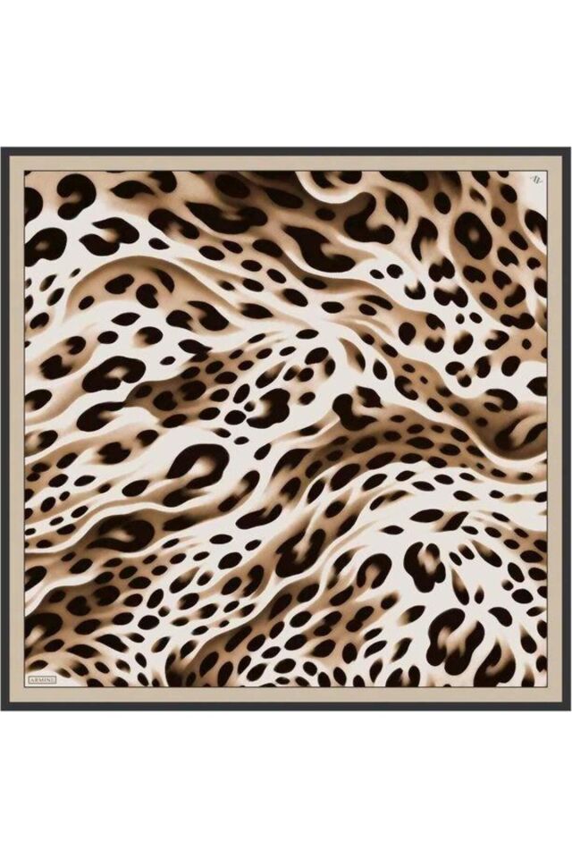Siyah Karamel Leopar Desen Saf İpek Tivil Dokuma Eşarp-E25YA9320D02-34-KVS0673 Siyah - 90X90
