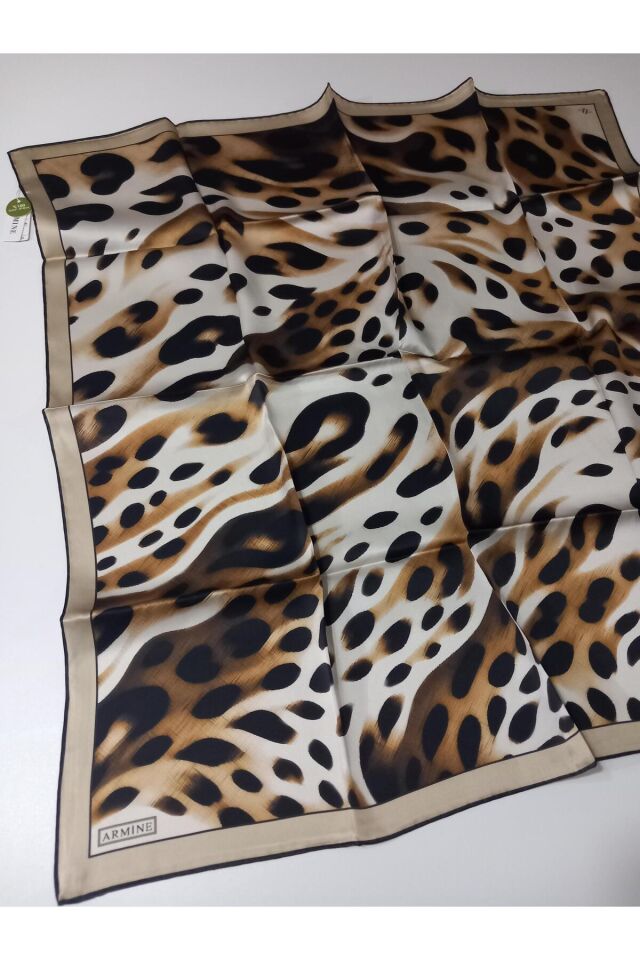 Siyah Karamel Leopar Desen Saf İpek Tivil Dokuma Eşarp-E25YA9320D02-34-KVS0673 Siyah - 90X90