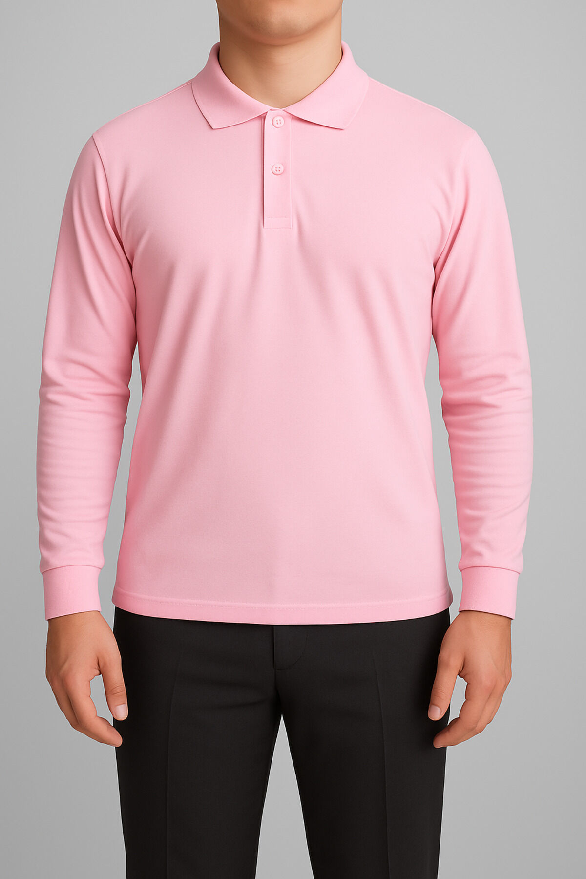 Unısex Yetişkin Uzun Kol Düz Renk Basıc Polo Yaka Lise Okul Lakost T-shırt Pembe - XL