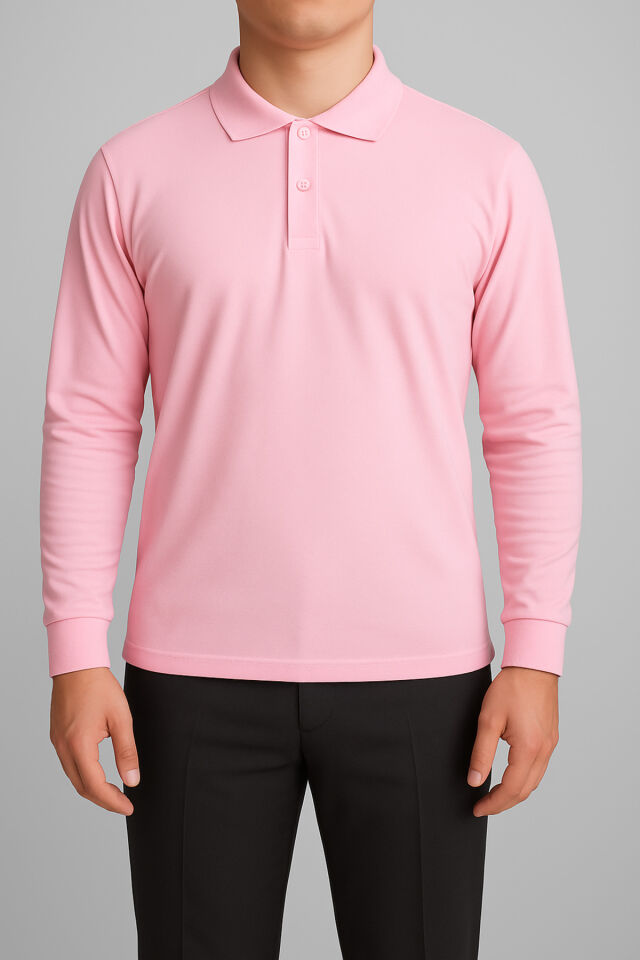 Unısex Yetişkin Uzun Kol Düz Renk Basıc Polo Yaka Lise Okul Lakost T-shırt Pembe - XL