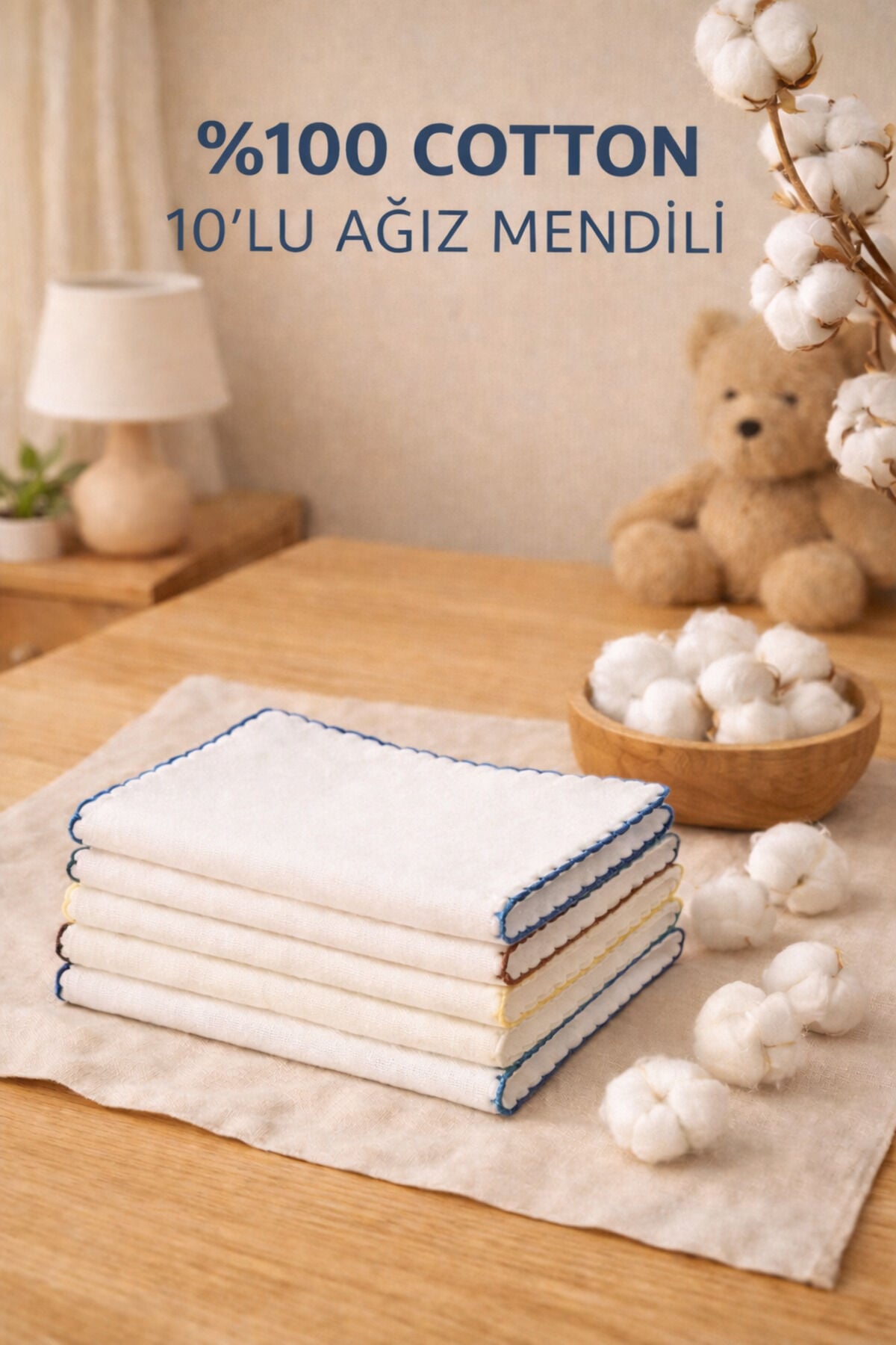 Pamuklu 10'lu Erkek Bebek Ağız Mendili 20x20 Beyaz - 0-1 Ay