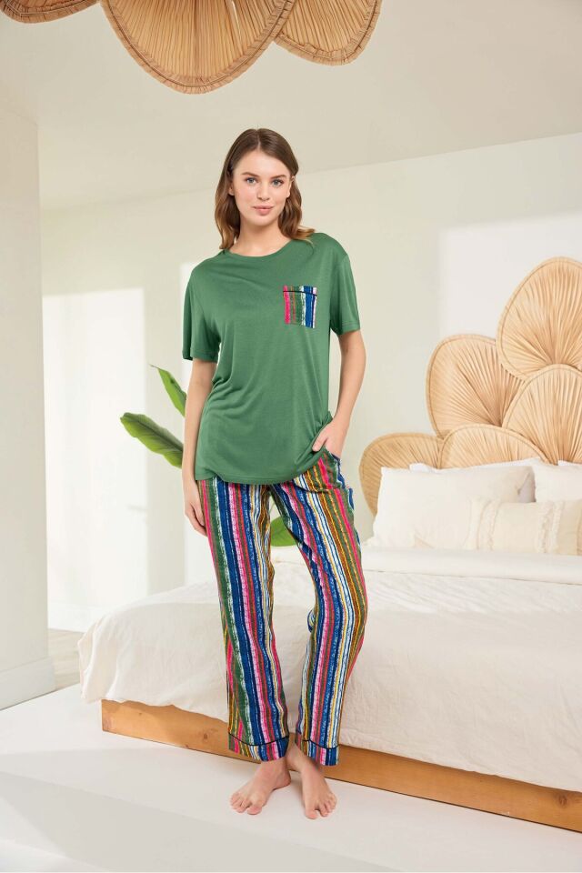 Lodos Store Kadın Kısa Kollu Viskon Poplin Kumaş Cepli Çizgili Pijama Takımı Yeşil