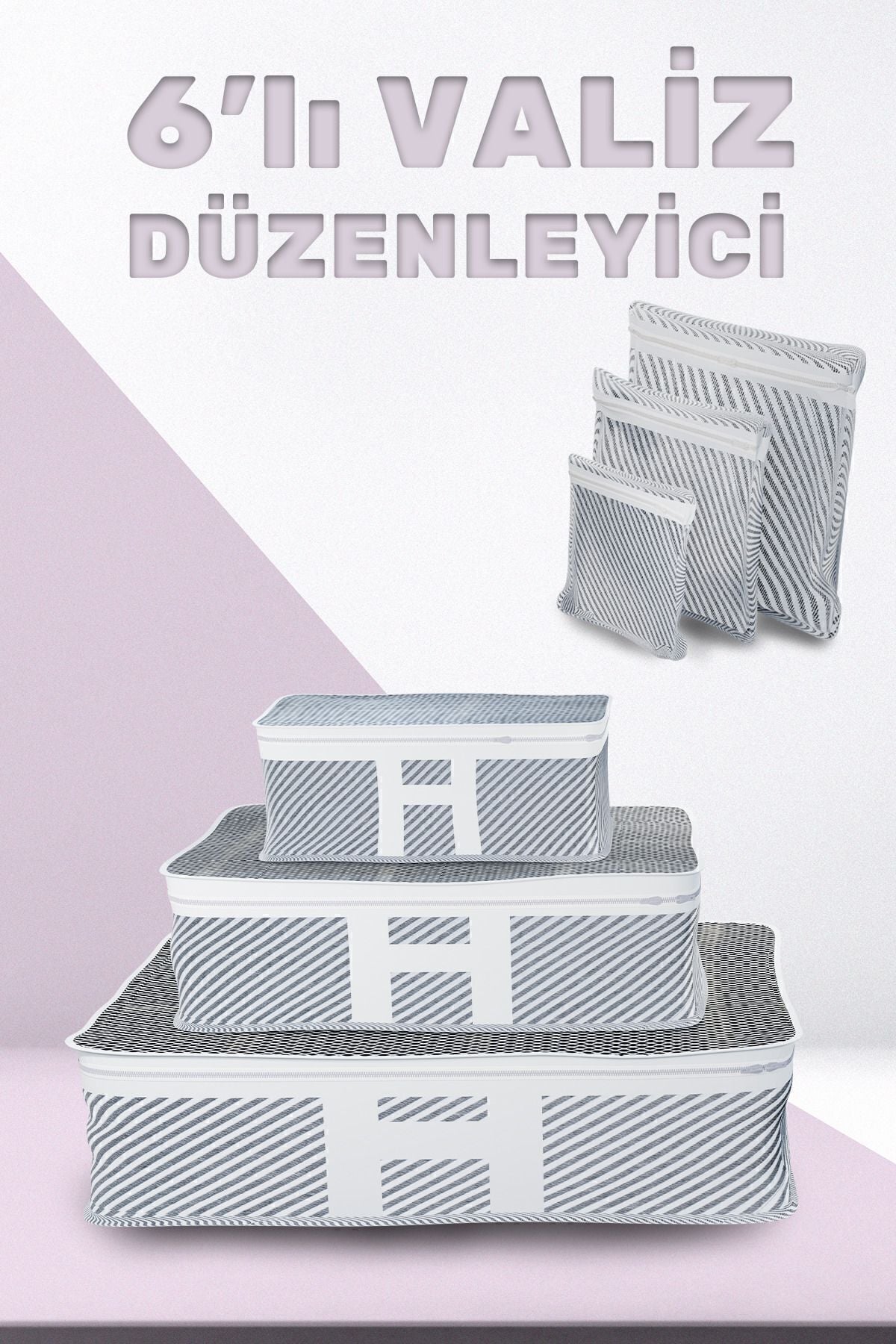 6'lı Set Bavul Içi Düzenleyici, Bavul Organizer, Valiz Düzenleyici Hurç Gri Beyaz