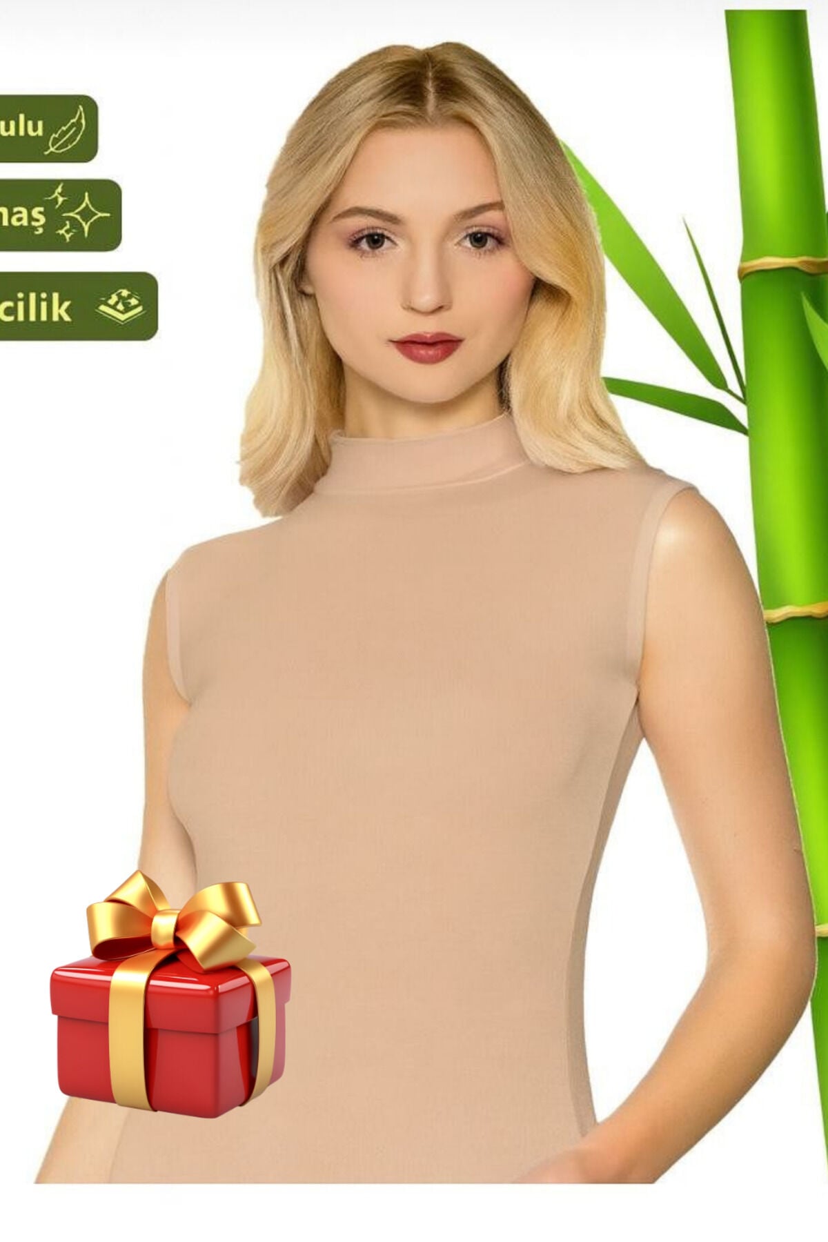 Kadın Atlet Sıfır Kol Boğazlı Balıkçı Yaka Bambu TEN RENGİ Bej - M