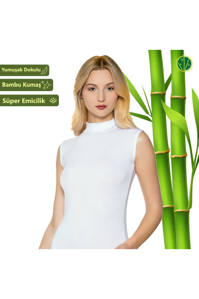 Kadın Atlet Sıfır Kol Boğazlı Balıkçı Yaka Bambu TEN RENGİ Beyaz - XL