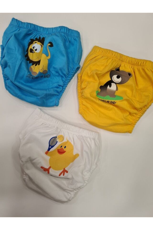 3 yaş Erkek Bebek Alıştırma Kilodu 3'lü (RENK VE DESENLERDE FARKLILIK OLABİLİR) Mavi Beyaz Sarı - 3 Yaş