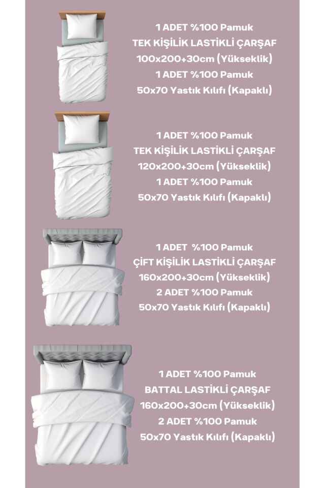 %100 Pamuk Pudra Çift Kişilik Ranforce Kumaş Lastikli Çarşaf Yastık Kılıfı Seti /160x200/180x200/