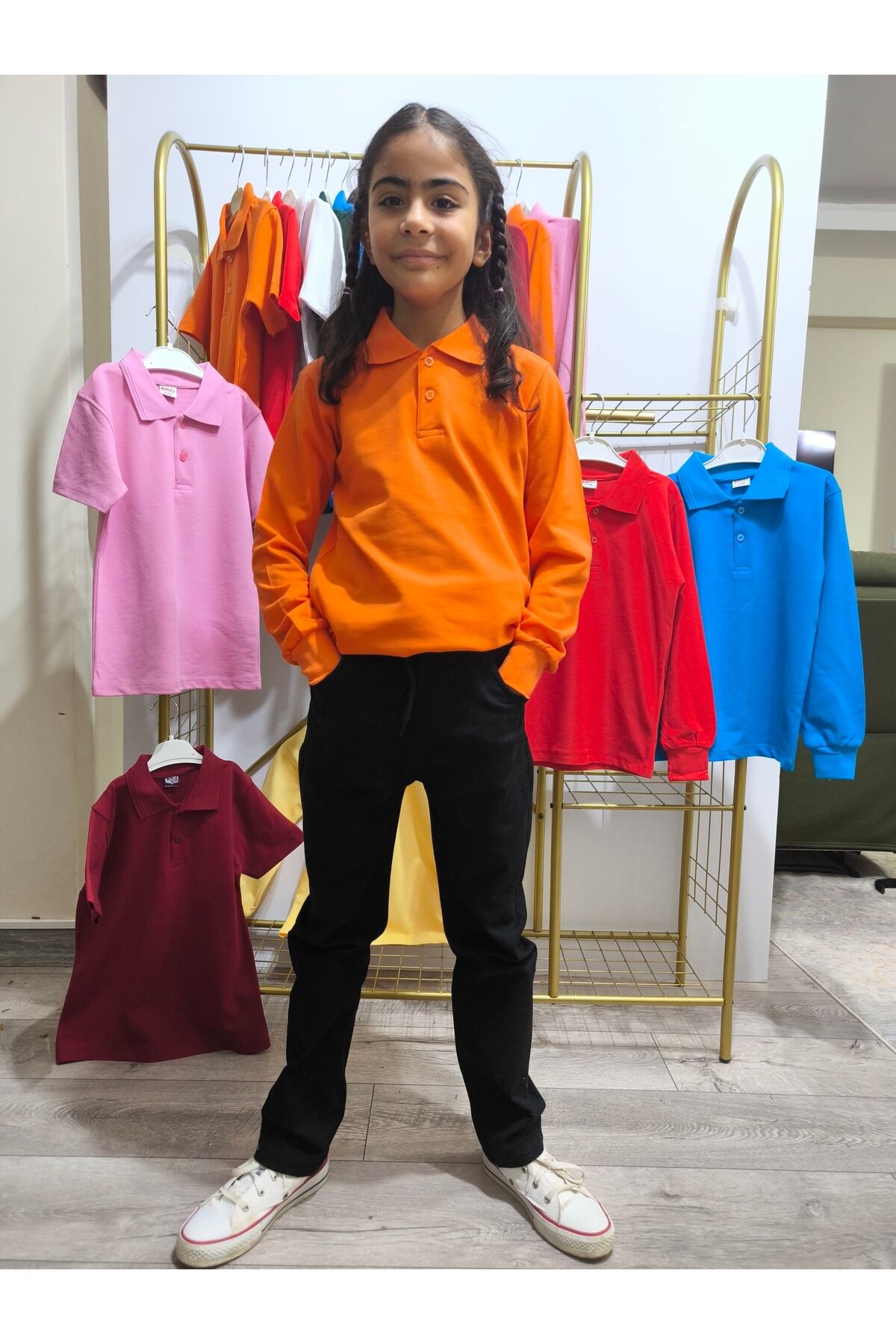 Unisex Uzun Kol Polo Yaka Okul ve Günlük Ribanalı Çocuk Genç Tişört Nefes Alabilen Kumaş Turuncu - 7 Yaş