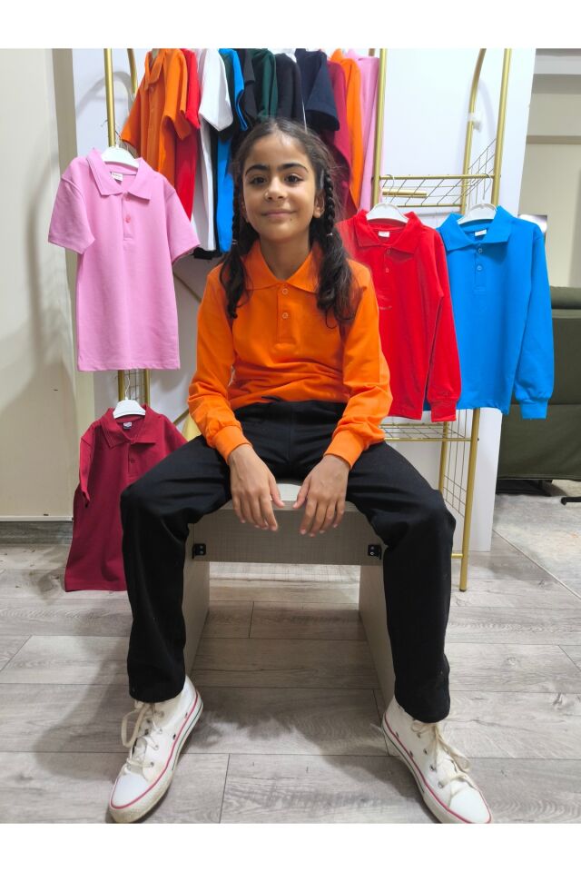 Unisex Uzun Kol Polo Yaka Okul ve Günlük Ribanalı Çocuk Genç Tişört Nefes Alabilen Kumaş Turuncu - 12 Yaş