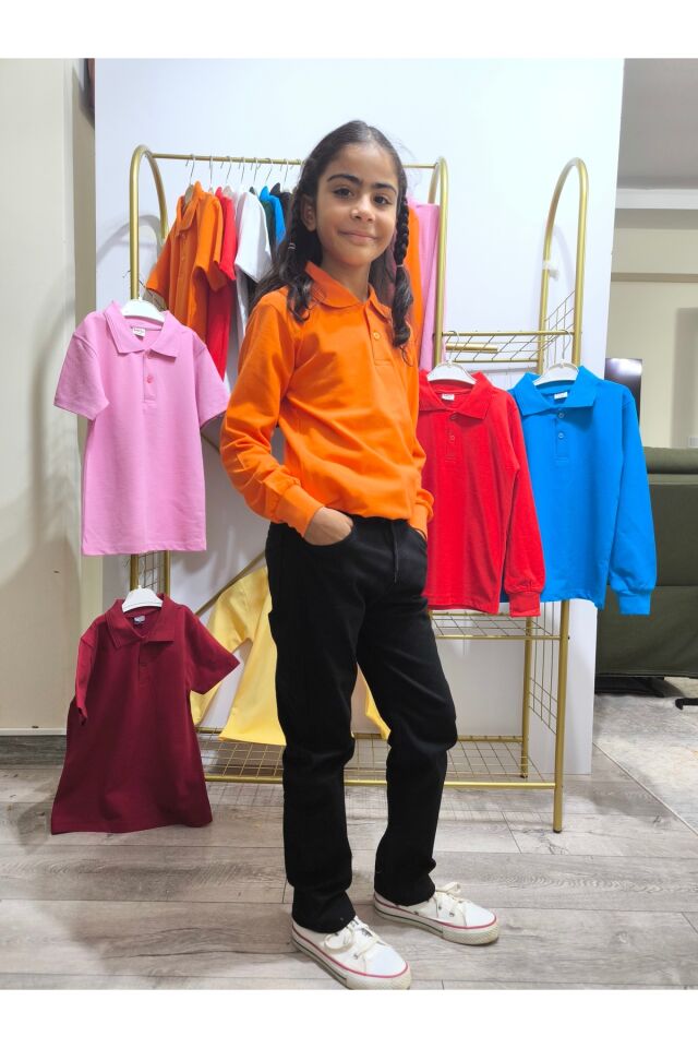 Unisex Uzun Kol Polo Yaka Okul ve Günlük Ribanalı Çocuk Genç Tişört Nefes Alabilen Kumaş Turuncu - 10 Yaş