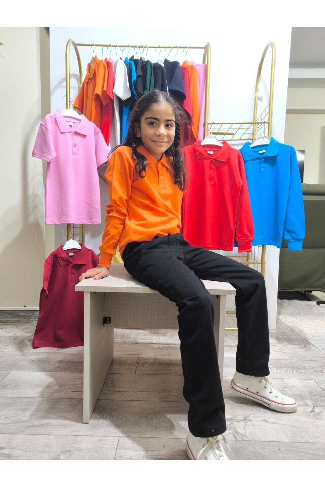Unisex Uzun Kol Polo Yaka Okul ve Günlük Ribanalı Çocuk Genç Tişört Nefes Alabilen Kumaş Turuncu - 10 Yaş