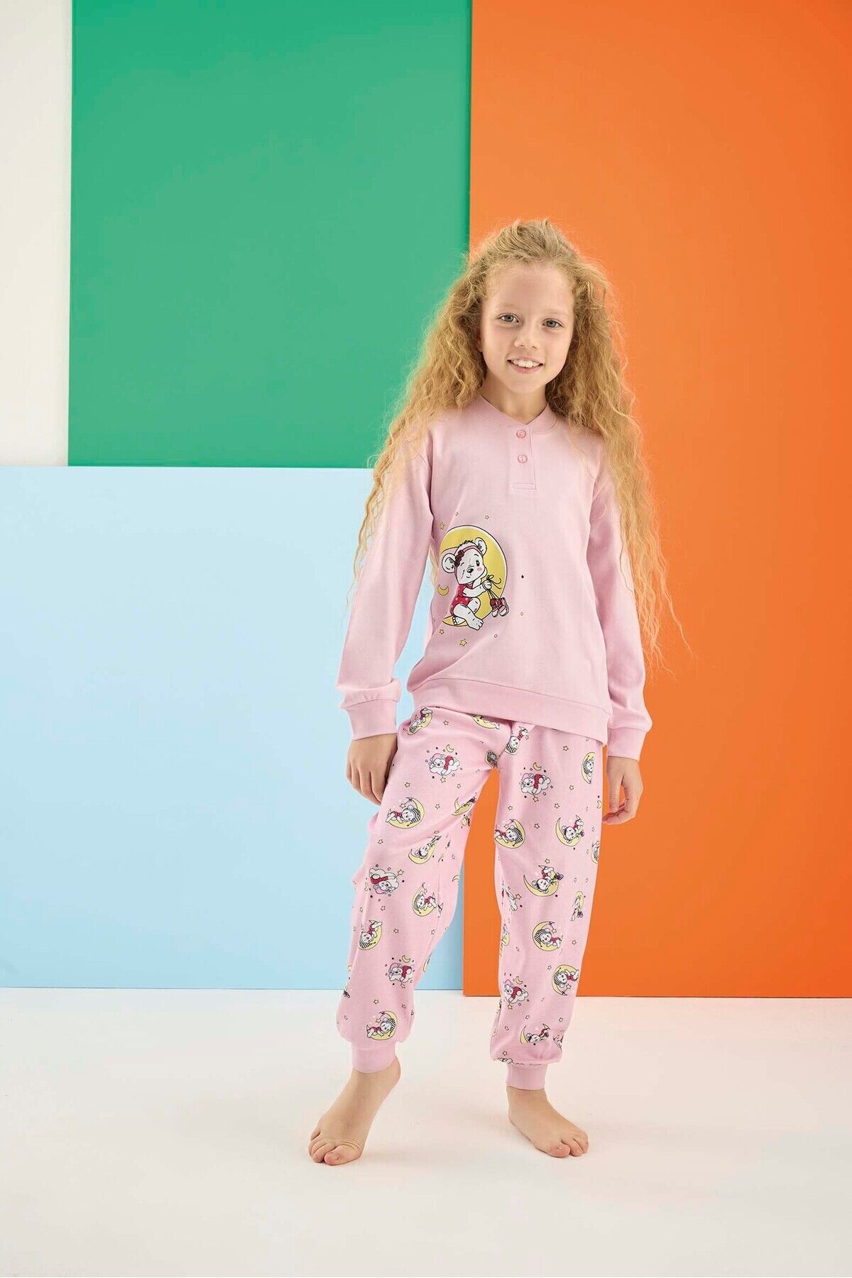 Kız Çocuk %100 Pamuklu İnterlok Pembe Pijama Takımı A6-2 -1696 - Aydogan ® Pembe-Pudra - 5
