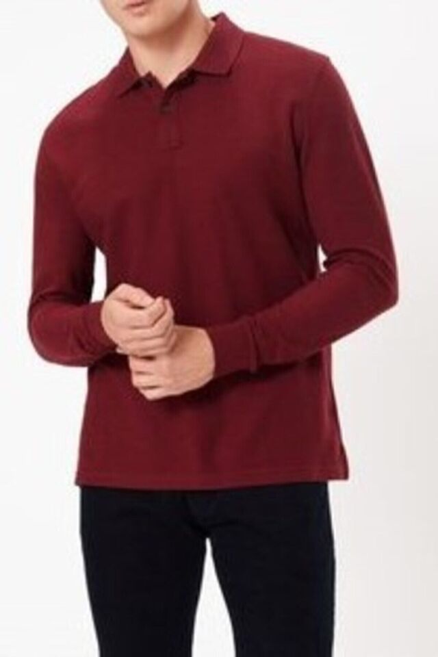 Bordo Polo Yaka Uzun Kol Çocuk Okul T-shirt