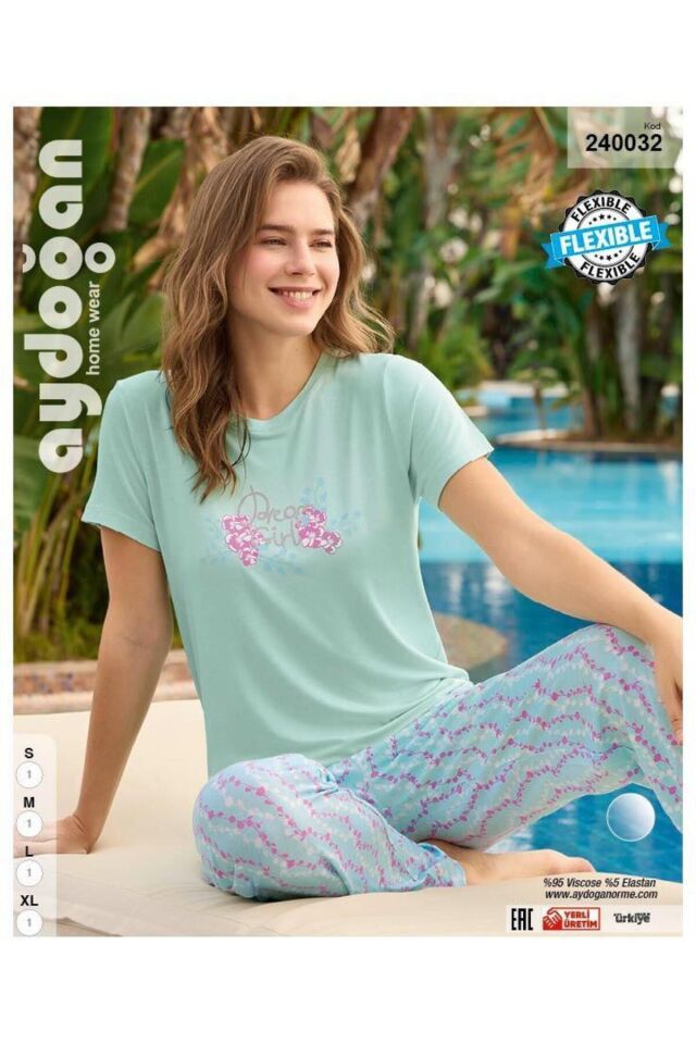 Kadın Yeşil Viskon Kısa Kollu Pijama Takımı 240032 L