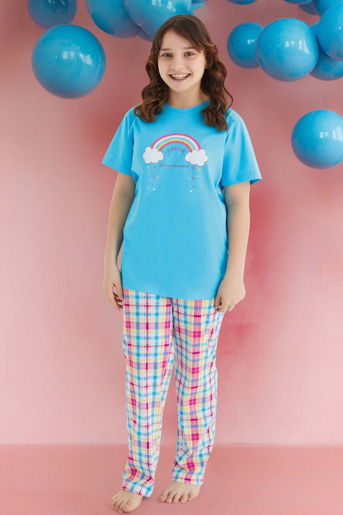 Aydoğan Kız Çocuk Rainbow İkili Pijama Takımı Turkuaz - 12-13 Yaş