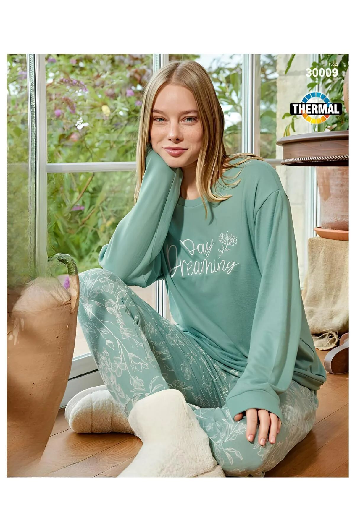 Kadın Termal Yeşil Renk Pijama Takımı 30009 Yeşil - M