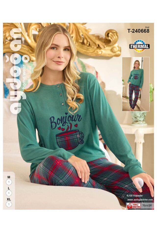 Kadın Yeşil Pijama Takımı Termal Uzun Kollu Patlı B13-3 - 240668 - Aydogan ® Yeşil - L