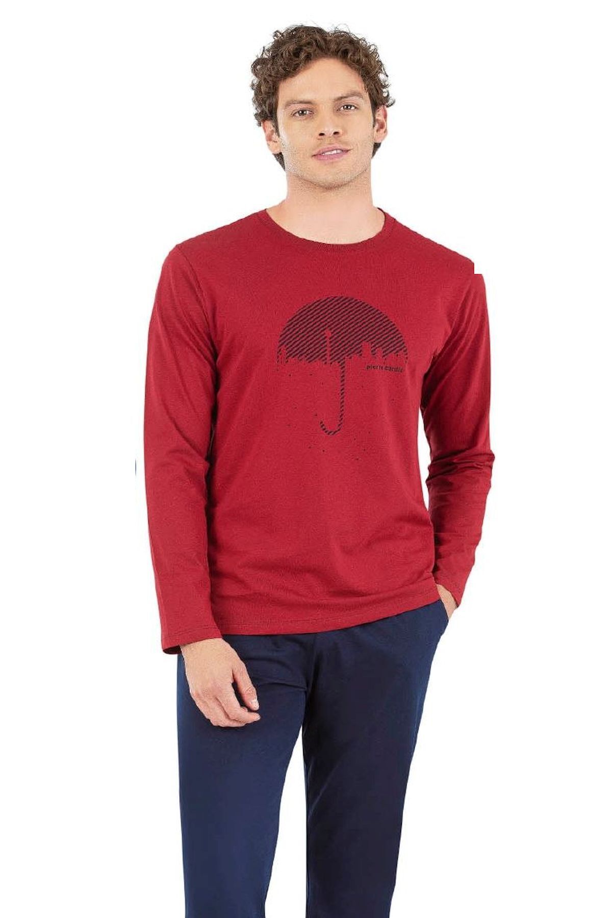 6070 Erkek Bordo Uzun Kollu Yuvarlak Yakalı Pijama Takım Bordo - XL